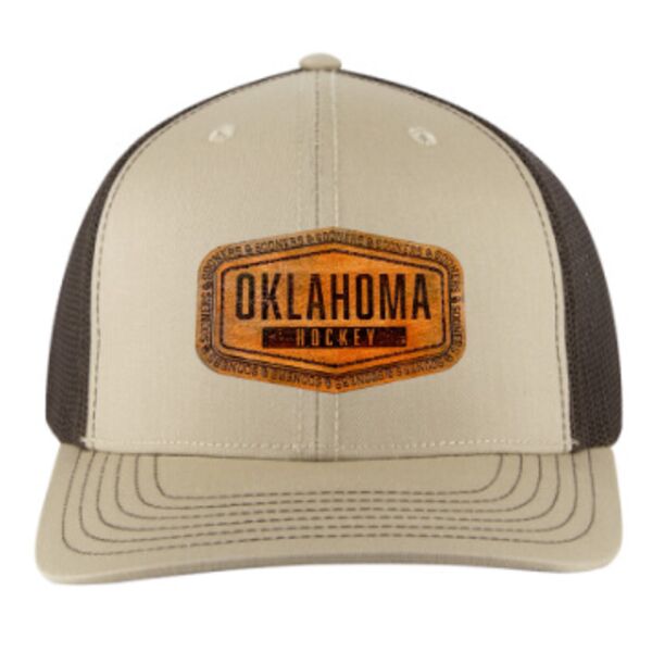 Oklahoma Hockey Leather Patch - OTTO Cap 6 Panel Mid Profile Mesh Back Trucker Hat Thumbnail