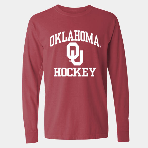 Oklahoma OU Hockey Stacked Logo in White - Comfort Colors Heavyweight Long Sleeve T-Shirt Thumbnail