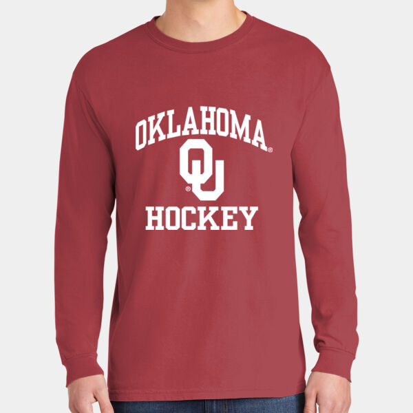 Oklahoma OU Hockey Stacked Logo in White - Comfort Colors Heavyweight Long Sleeve T-Shirt Thumbnail