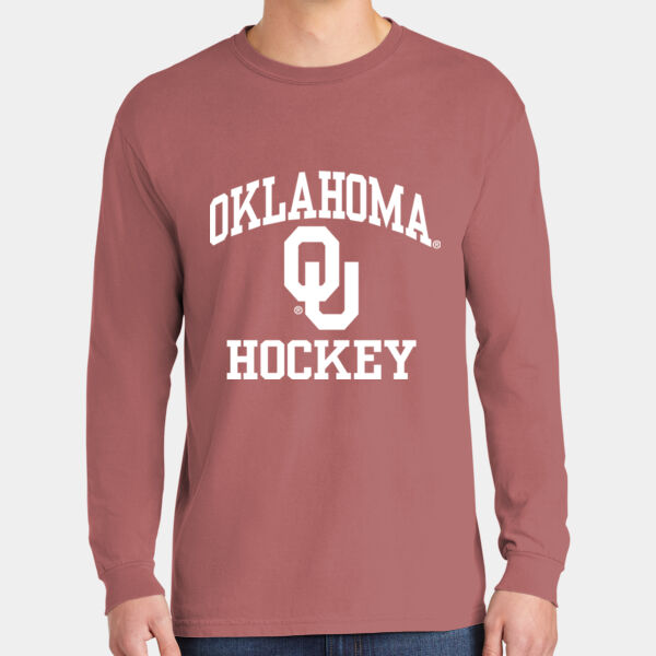 Oklahoma OU Hockey Stacked Logo in White - Comfort Colors Heavyweight Long Sleeve T-Shirt Thumbnail
